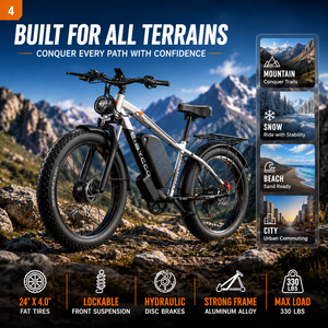 Vélo électrique à double moteur 6000W de puissance maximale, <span class=keywords><strong>cadre</strong></span> en aluminium, pneus larges 24x4.0, frein à disque hydraulique Shimano 7 vitesses, tout-terrain - Product Image 3
