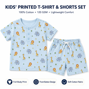 Kids Printed T-Shirt & Shorts Set 100% Cotton Cartoon <b>Animal</b> <b>Pattern</b> Summer Casual Wear Light Blue Full-Body Print - Product Image 1