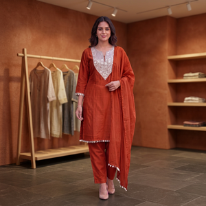Ensemble Kurti, pantalon et dupatta en soie couleur rouille pour femme, longueur genou, style traditionnel indien et pakistanais, décontracté, toutes saisons, coupe ample - Product Image 1