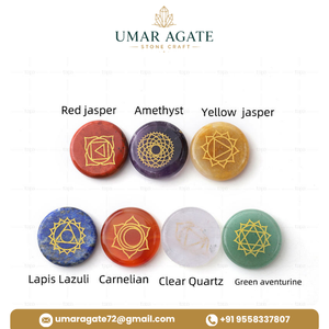 Juego de piedras de cristal de chakra, 7 discos redondos de piedras preciosas grabados con símbolos de Reiki para decoración del hogar, forma circular pulida - Product Image 4