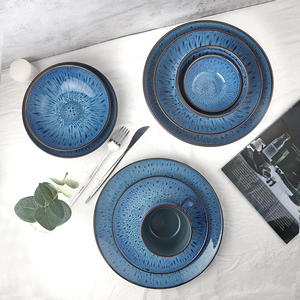 Juego de Platos Hondos para Arroz/Sopa de Porcelana Europea con Esmalte Azul, Diseño Creativo a Rayas, Ecológico, para el Hogar - Product Image 1