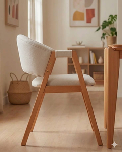 Fauteuil scandinave en bois massif avec dossier incurvé, siège rembourré en tissu crème, chaise de salle à manger en bois naturel avec accoudoirs - Product Image 2