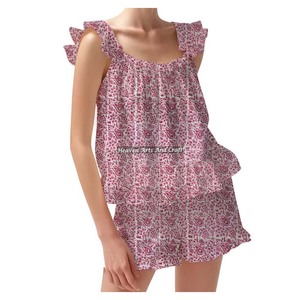 Women's Breathable Printed Shorts Pajama Set Floral Knitted Cotton Fabric For Women Fitted Strappy Ruffle <b>Trim</b> Sleeves PJ Set - Product Image 6