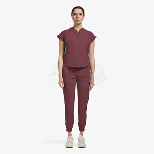 Women <b>Maroon</b> Knitted Scrub <b>Top</b> With V-Neck Design For Medical Staff Hospital Uniforms - Product Image 2