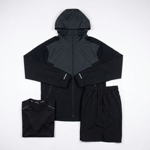 Custom Logo <b>Men</b> 3-Piece Lightweight Nylon Sportswear Set Hooded <b>Jacket</b> T-Shirt and Shorts Running Gym Wear Wholesale - Product Image 1