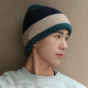 Unisex Korean Style Color Block Striped Thick Knit Slouchy Beanie <b>Hat</b> <b>Winter</b> Warm Cuffed Cap - Product Image 1