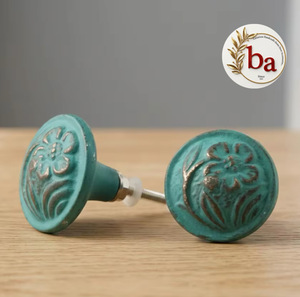 Poignées de meuble rustiques en céramique, design floral, vert sarcelle, réglables, pour armoires, tiroirs de chambre et de cuisine, durables - Product Image 1
