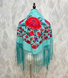 Tapiz bordado de seda con diseño floral azul y flecos para decoración del hogar - Product Image 4