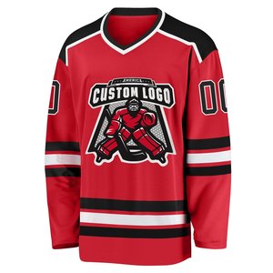 Maillot de hockey sur glace rouge à col en V et manches longues avec rayures noires et blanches, logo personnalisé imprimé, vêtements de sport pour équipes Facto - Product Image 1
