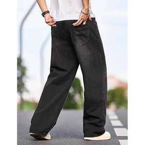 Pantalon en jean ample tendance pour homme, noir délavé, coupe large, style streetwear décontracté - Product Image 5