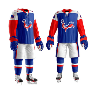 Ensemble d'uniformes de hockey sur glace respirants personnalisés, bleu, rouge, blanc, logo coq, impression par sublimation, jersey en polyester, pantalon, gants, adulte homme - Product Image 6