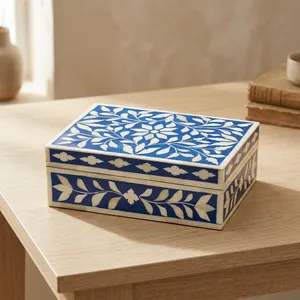 Boîte à bijoux en bois orientale, design floral sculpté, incrustation bleue et blanche, boîte de rangement rectangulaire, décoration d'intérieur - Product Image 4
