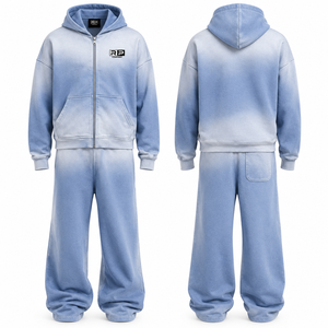 Ensemble de survêtement vintage surdimensionné délavé au soleil, en coton épais délavé à l'acide, avec sweat à capuche zippé et pantalon de jogging à jambe large – Prix de gros - Product Image 5
