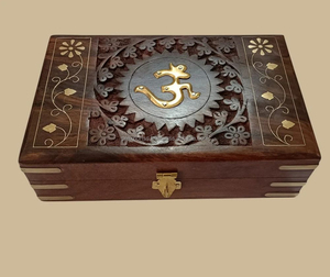 Om Vintage Style Durable Wooden <b>Storage</b> <b>Boxes</b> Engraved Design Buckle Closure Rectangle Shape Home Decor Jewelry Display <b>Brown</b> - Product Image 3