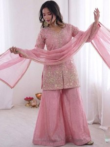 Women <b>Green</b> <b>Silk</b> top plazzo Floor Length Loose Fit Traditional Ethnic Outfit Wedding Festive Wear India Pakistan Style - Product Image 4