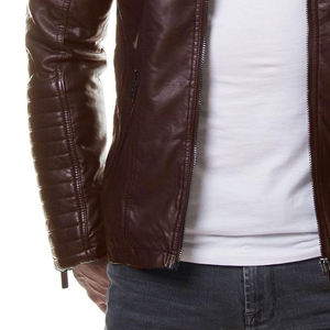 Men's Brown PU Leather Moto <b>Jacket</b> Stand Collar Zipper Closure Slim Fit Autumn Wear - Product Image 4