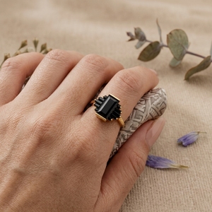 14K 18K Gold Black Onyx Emerald Cut Statement <b>Ring</b> Vintage Art Deco Cocktail <b>Ring</b> for Women - Product Image 2