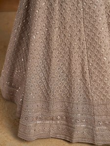 Gray Embroidered Crop <b>Top</b> Anarkali Lehenga Set Natural Waistline Faux Georgette Evening Dress <b>Net</b> Dupatta for Wedding Party Wear - Product Image 3