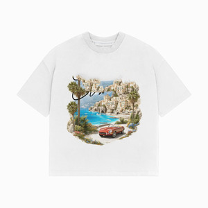 เสื้อยืดโอเวอร์ไซส์ผ้าฝ้ายหนา 220 GSM สีขาว พิมพ์ลายดิจิตอลภาพวิวชายหาดริเวียร่า ออกแบบเองได้ ผ้าฝ้าย 100% สำหรับผู้ชาย ทรงหลวม - Product Image 1