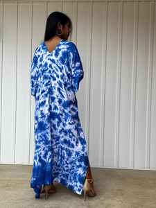 Robe longue kaftan teinte naturellement en indigo, tenue de plage, de soirée ou de cocktail, taille unique. - Product Image 3