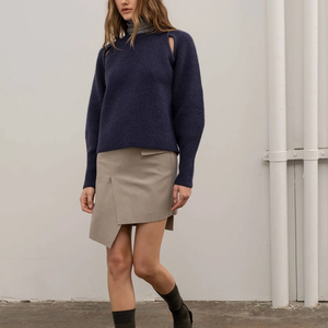 Pull en tricot bleu foncé avec découpes aux épaules, manches classiques, couleur unie, pull-over, mode automne pour femmes - Product Image 1