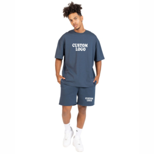 Ensemble de course pour homme, t-shirt et short en coton bleu clair, logo personnalisé imprimé, vêtements décontractés d'été, tissu tricoté respirant - Product Image 5