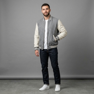 Men's Light Grey Wool <b>Jacket</b> Cream Sleeves Custom Logos Rib Knit Collar Cuffs Zip Front Luxury Streetwear Bomber Outerwear Style - Product Image 1
