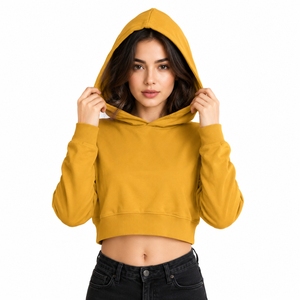 เสื้อฮู้ดครอปผู้หญิง สีเหลืองมัสตาร์ด ทรงลำลอง แขนยาว ผ้าถักนิตติ้ง คอตตอน สไตล์ฤดูใบไม้ร่วง สำหรับผู้หญิง - Product Image 1