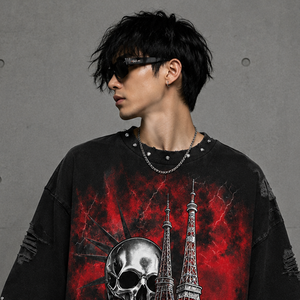 เสื้อยืดทรงครอปไหล่ตกแบบวินเทจพิมพ์ลายตามสั่ง ประดับคริสตัล แขนสั้น ทรงหลวม ใส่ได้ทั้งชายและหญิง - Product Image 5