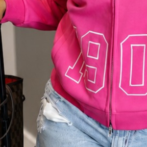 For <b>Pink</b> Collared <b>Jacket</b> Women Premium Embroidered Zipper Front Casual Varsity Style Long Sleeve Quilted Fleece Fashion - Product Image 5