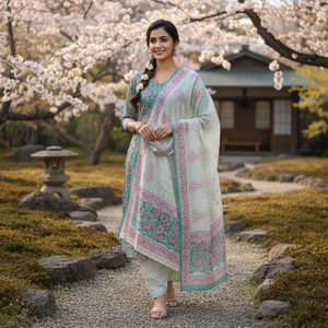 Ensemble pyjama Kurti Sarong en coton blanc turquoise à fleurs |   Tissu imprimé à la main de haute qualité avec bordure Butti rose, un chef-d'œuvre artisanal - Product Image 2