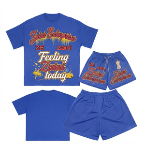 Conjunto de camiseta y pantalones cortos para mujer, 220 GSM, tela premium de algodón y poliéster, azul real, impresión personalizada con relieve, impresión DTF, logotipo serigrafiado. - Product Image 1