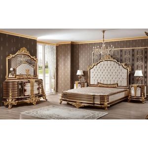 Luxury Baroque Solid Teak Wood Bedroom Set Gold Carved King Bed Mirrored Wardrobe 2 Nightstands <b>Dressing</b> Table Furniture - Product Image 1