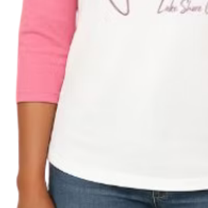 T-shirt de baseball pour femme, blanc et rose, avec logo rond brillant, manches raglan trois quarts, vêtement décontracté pour le quotidien - Product Image 4