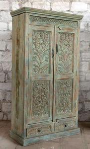Luxury Handcrafted Solid Wood 2 Door <b>Wardrobe</b> Ornate Leaf Carving Distressed Teal Green Armoire - Product Image 6