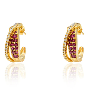 14K Handcrafted Twisted Hoop Earrings with Ruby and Diamond in White Rose or Yellow Gold - Product Image 2