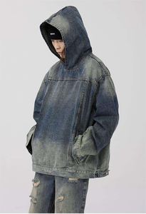เสื้อฮู้ดดีไซน์พิเศษปี 2025 แบบซิป ผ้าเดนิมสีดำคุณภาพสูง ทรงหลวม ซักย้อมแบบแอซิดวอช - Product Image 6