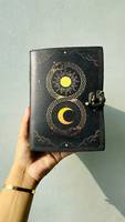 Journal en cuir imprimé soleil et lune, fait main, style vintage, avec serpent Ouroboros, papier rustique, couverture rigide verrouillable