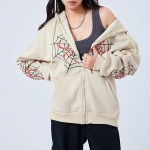Sudadera con capucha extragrande de forro polar con cremallera, antipilling, estampado de telaraña, 100% algodón, tejido de punto, informal, para invierno, unisex, corte holgado - Product Image 5