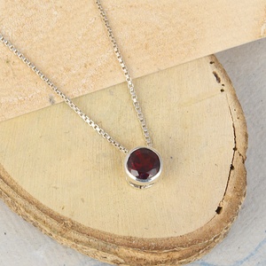 925 Sterling Silver Round Bezel Set Natural Garnet Birthstone Solitaire <b>Pendant</b> Necklace for Women January Birthstone Jewelry - Product Image 6