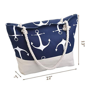 Navy Blue Anchor Print Canvas <b>Beach</b> <b>Bag</b> Women <b>Large</b> Capacity Zipper Tote <b>Bag</b> Summer Travel Holiday <b>Bag</b> Rope Handle Wholesale - Product Image 2