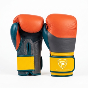 Gants de boxe en cuir orange, turquoise et jaune Dumela 16 oz, équipement d'entraînement professionnel avec logo. - Product Image 1