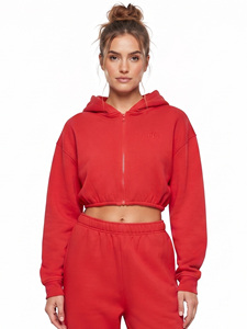 Ensemble de survêtement athleisure deux pièces pour femme OEM, coupe courte, à capuche, avec pantalon large, personnalisable, en tissu épais, zippé, style streetwear - Product Image 4