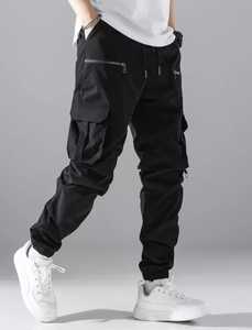 Pantalon cargo noir pour hommes, taille élastique, multi-poches, fermeture à glissière, coupe ample, longueur normale, couleur unie, vêtements d'extérieur - Product Image 1