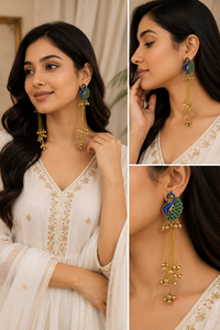 Boucles d'oreilles pendantes bohèmes cachemiriennes Paon pour femme, longues chaînes plaquées or 18 carats, émail, bijoux ethniques indiens, vente en gros - Product Image 4