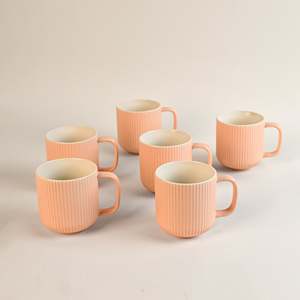 Misty Rose Ribbed New Bone China Ceramic Mug <b>Set</b> of 6 <b>Microwave</b> Safe Glazed Milk Mugs with Tray PC Material - Product Image 3