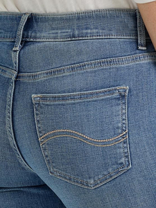 Women's Mid Waist Straight Leg <b>Jeans</b> Stonewashed Blue Cotton Five-pocket Casual Fit Full Length <b>Button</b> <b>Fly</b> Regular Style - Product Image 4