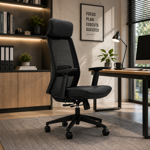 Chaise de bureau ergonomique en tissu avec support lombaire 4D réglable, dossier ouvert, pivotante, base métallique, style moderne pour la maison et le commerce - Product Image 1