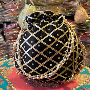 Moti Work Designer Silk Potli Bag Indian Women's <b>Handbag</b> <b>Wedding</b> Guest Return Gift Bags Drawstring Bags Mehndi Favour Bags - Product Image 4