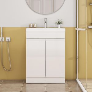 Mobile Bagno da 24 Pollici con Lavabo e Specchio, Armadietto a 2 Ante e Ripiano, Design Unico con Bordo Spesso Senza Maniglie - Product Image 5